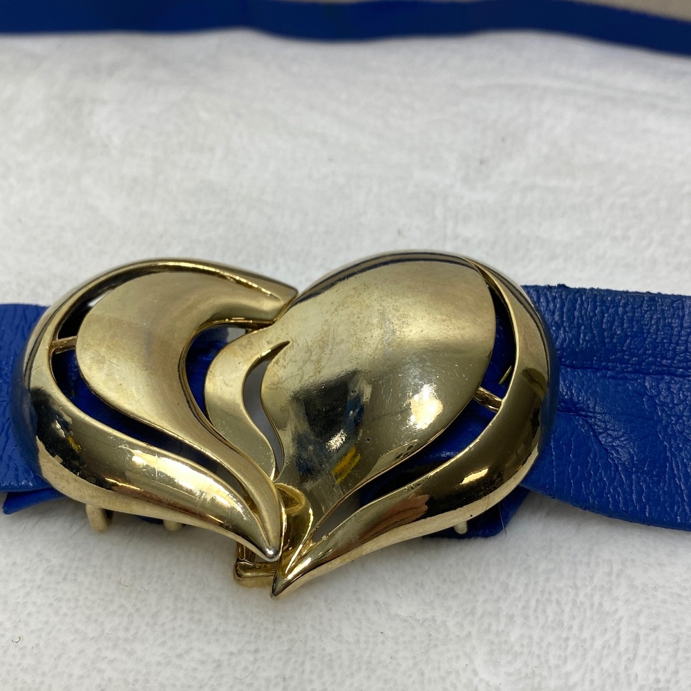 VTG Cobalt Blue Leather Waist Belt Gold Tone Interlocking Statement Heart Buckle